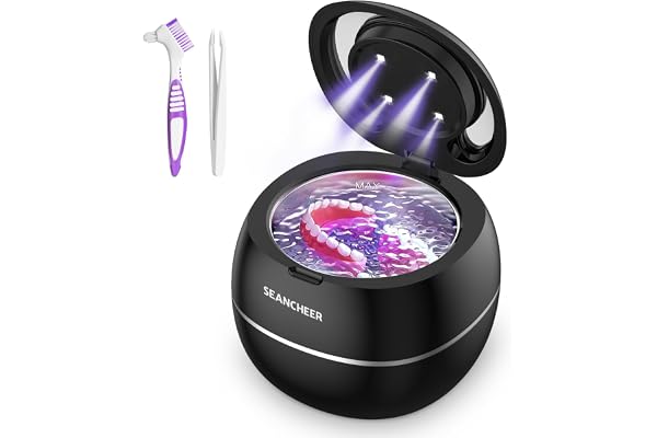 SEANCHEER Nettoyeur Ultrasons 48000Hz Bac Ultrason | 24W | 180ML | Mini Ultrasonic Cleaner Portable avec Lampe UV pour | Prothèses Dentaires | Gouttière Dentaire | Retainer | Bijoux | (Noir)