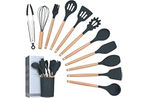 Ustensiles de Cuisine,Lychee 12PCS Kit d'Ustensiles de Cuisine en Silicone et Bois, Ustensiles Cuisine Antiadhésive Set avec Pot de Rangement,Silicone de qualité Alimentaire (Gris)