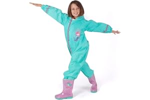 PERLETTI Waterproof Puddle Suit Baby Girl 3/8 Years Pink Turquoise- Windproof All in One Puddle Suit with Reflective Details - Hooded Raincoat Mermaid Unicorn Stars - Rainwear for Outdoor Play