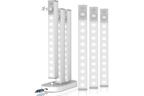 GOODEA 6-pack LED-underskåpslampor trådlöst med laddningsstation, 18 cm uppladdningsbar rörelsesensor inomhus, dimbar garderob för skåp, bokhylla, trappa, hall varmvitt
