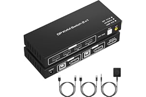 VPFET 4K KVM Switch DisplayPort 2 Port 4K60Hz DP 1.2 Switches para 2 PC 1 Monitor con 4 USB2.0 HUB Soporte de Control por Cable Incluye 2 Cables USB2.0
