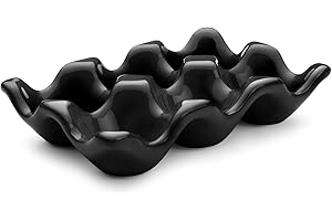 Flexzion 6 Eier Keramik Eierhalter, 6er Porzellan Eierablage Aufbewahrungsbox, Rutschfester Eierteller Eierplatte Eierbehälter Eierträger Eierbox für Zuhause Küche Kühlschrank Restaurant - Schwarz