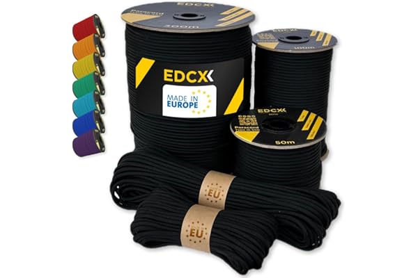 EdcX Paracord 4 mm, 35+ Couleurs Unies (10 m, 15 m, 30 m, 50 m, 100 m, 300 m) | Idéal pour l'artisanat, Le Camping, la Survie | Corde 100% Nylon 4 mm | Cordon Tactique 550 Type III (Black, 10 m)