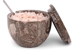 MARBLOUS KRAFTS Saliera in marmo con coperchio e cucchiaio, 7,6 x 10,2 cm, barattolo per spezie per piano di lavoro della cucina, contenitore per zucchero e condimenti