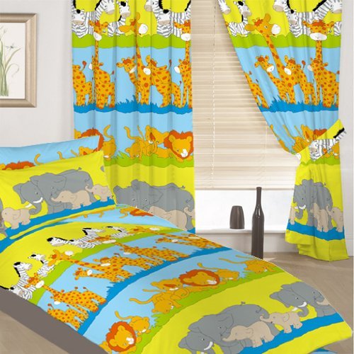 Childrens Junior Cot Bed Colourful Animal Print Complete Bedding Duvet Cover Set with Matching Curtains. Set Includes: Duvet Cover, Pillowcase, Pair Curtains (66" x 54"). Available in 6 Great Fun Kids Designs