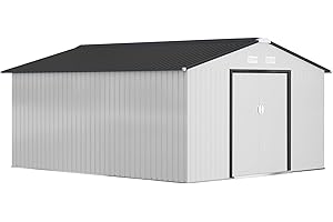 Outsunny Casetta da Giardino 12.4m² in Acciaio Zincato con kit Fondazione, Prese d'Aria, Capanno da Giardino con Tetto Inclinato, Doppia Porta Scorrevole Bloccabile, Capanno Porta Attrezzi, Bianco