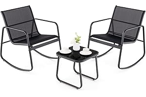 GIANTEX Salon de Jardin 2 Personnes en Tissu Respirant, Table de Jardin Extérieure avec 2 Chaises à Bascule, Petite Table Basse en Verre, Pieds Réglables, Cadre en Métal, pour Balcon, Piscine (Noir)