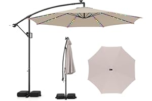 COSTWAY Parasol Déporté Professionnel 3x3 m, Grand Parasol de Jardin Extérieur 96 LED Solaire 9 Modes, avec Manivelle, 2 Sacs de Sable, Inclinable, pour Balcon, Terrasse, Piscine (Beige)