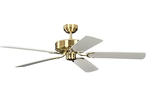 PEPEO Ventilateur de plafond sans éclairage Potkuri Laiton Satiné, lames réversibles Blanc ou Blanc avec rotin, 132 cm