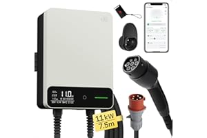 ‎DÉ dé Skrzynka ścienna typu 2, 11 kW, z aplikacją i RFID, 6-16 A, 3-fazowa ładowarka EV, 400 V z kablem do ładowania 7 m i uchwytem na kabel do ochrony BEV/PHEV, RCD typu B i IP54, wydajna stacja