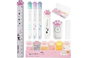 Mulaibdin Schreibwaren Set Kawaii, Cute School Stuff, Schulsachen Mädchen Aesthetic, Katzenpfoten Lineal Korrekturroller, Stifte Radiergummi Sticky Notes Katze, Stationery für Schüler,Kinder (Weiß)