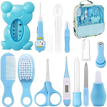 Kit Soin Bébé 10 Pièces Sans BPA - Trousse Complète Avec Brosse Bois, Thermomètre Bain, Coupe-ongles