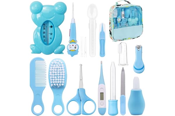 UptVin Trousse de Soin Bebe Naissance, Trousse de Toilette Bébé, Soin Bebe Accessoire pour Les Voyages et la Maison Garcon Fille (Bleu 13 pièces)