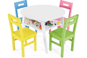 Bateso Juego de Mesa y Silla para niños, Mesa Redonda de Madera para niños pequeños y Juego de 4 sillas con Gran Espacio de Almacenamiento, Juego de Muebles para niños de 5 Piezas