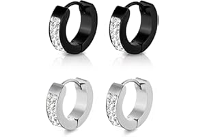 XENQITO 2 Paires Boucle d'Oreille Homme Petites Boucle d'Oreille Creoles Acier Inoxydable pour Homme Femme Boucle d'Oreille Homme Noir Argent Cartilage Helix Piercing Oreille Homme Femme