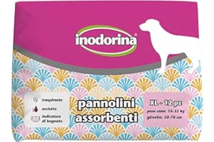 Inodorina, Pannolini Assorbenti Usa e Getta, Tecnologia Traspirante e Indicatore di Bagnato, con Buco per la Coda e Alette Lunghe, per Cani con Peso da 16-32 kg, Taglia XL, 12 pezzi