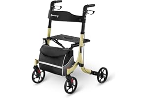 Uniprodo Folding Rollator Walker Rolling Walker with Seat Walker Wheels Stylish Mobility Walking Aid Bag Champagne 136kg UNI_ROLL_04 F (Aluminium Frame, Brakes, Backrest, 4 Wheels, 88-98cm Height)