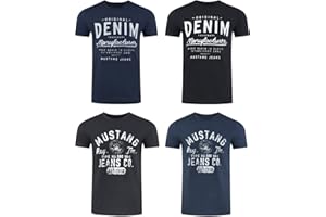 MUSTANG Herren T-Shirt 4er Pack Frontprint O-Neck Rundhalsausschnitt Kurzarm Regular Tee Shirt 100% Baumwolle Schwarz Weiß Grau Blau Grün S M L XL XXL 3XL 4XL 5XL 6XL