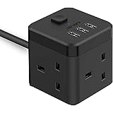 JSVER Compact Cube Extension Lead with 3 USB Slots (5V/3.1A) 3 Outlet Power Strip Surge Protected Power Socket with 1.5M…