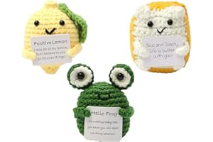 KONFEN Mini bambola positiva lavorata a maglia, confezione da 3 ciondoli giocattolo con carta energetica, bambola creativa di energia positiva per la persona amata.(Bread+Lemon+Frogs)