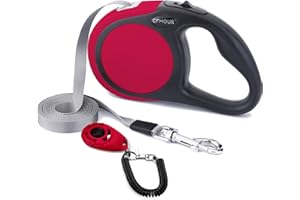 CFMOUR Retractable Dog Lead, 5m/20kg Red Heavy-Duty Extendable Dog Leads for Small to Medium Dogs; Strong Nylon Tape Ribbon Leash, One-Button Brake&Lock, Bonus Training Clicker