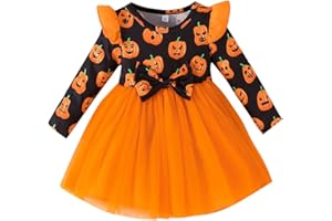 PythJooh Baby Girl Halloween Dress Toddler Kid Long Sleeve Halloween Pumpkin Floral Tulle Dress for 0-4Years