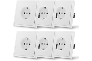 MVAVA Enchufe Schuko Estándar UE Enchufe empotrable de 1 compartimento Fácil instalación Enchufes de 80 mm*80 mm Requiere 3 cables Blanco Paquete de 6 pack