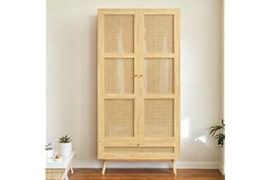 Moimhear Armario con Barra, Armario de 2 Puertas, Dormitorio, Red de ratán, Sala de Estar, con Tapa Inferior abatible, tableros de partículas+ratán de Polietileno, Natural (90x45x183cm)