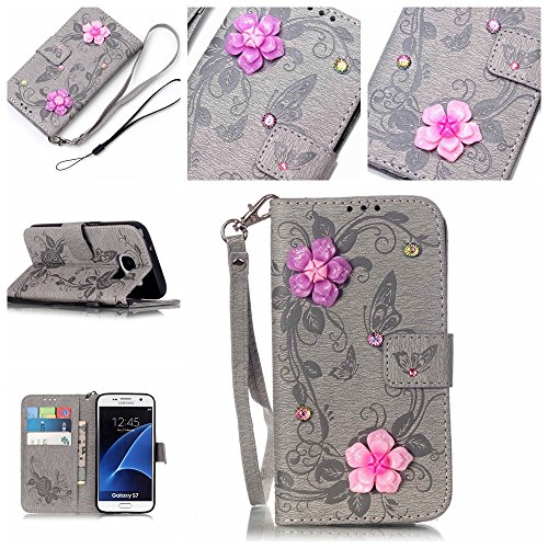 Galaxy S7 Hülle,Galaxy S7 Case,Cozy Hut ® Ultra Slim Flip Lederhülle / Ledertasche / Hülle / Case / Cover / Etui / Tasche für Samsung Galaxy S7 / 3D Diamant Strass Bling Glitzer Schmetterlings-Blumen Muster, Pu Leder Wallet Case Flip Cover Hüllen Schutzhülle Etui Ledertasche Lederhülle Handy Tasche Schale mit Standfunktion für Samsung Galaxy S7 Traumfänger Dream Catcher - grau