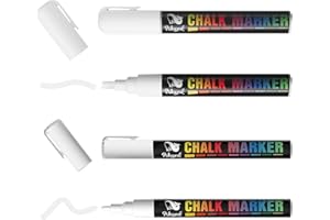 WISYOK White Liquid Chalk Pens, 3mm and 6mm Reversible Bullet & Chisel Point Chalk Markers, Erasable Chalk Marker Pens for Chalkboard, Window, Glass, Jars and Mirror- 4 Pack