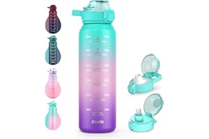 SLUXKE Botella Agua 18/10 Acero Inoxidable 1 Litro, Botella Termica 1000ml con Handle y Marcador de Tiempo, Libre BPA, Cantimplora Infantil para Gimnasio, Deporte, Ciclismo
