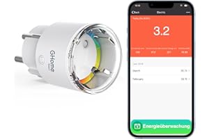 GHOME SMART Enchufe inteligente GHome ESP8285 Wlan más pequeño | Soporte Tasmota | Medición del consumo de energía, Control por aplicación, Compatible con Alexa, Google Home, 10 A, Certificado TÜV