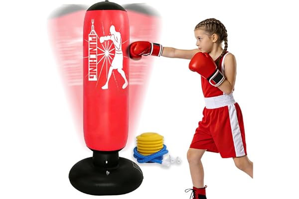 Fristående boxningssäck för barn, 160 cm, uppblåsbar stående boxningssäck med luftpump, boxningssäck för pojkar och flickor från 6 år för träning av MMA, kampsport och boxträning