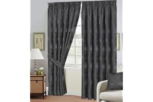 THL Curtains Pair Fully Lined Jacquard In Pencil Pleat With Free Tiebacks (Grey, 90 x 108 in)