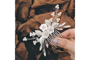Edary Bridal Wedding Flower Hair Combs Silver Rhinestone Bridal Headpiece Pearl Hairclips Leaf Hair Accessories for Women and Girls