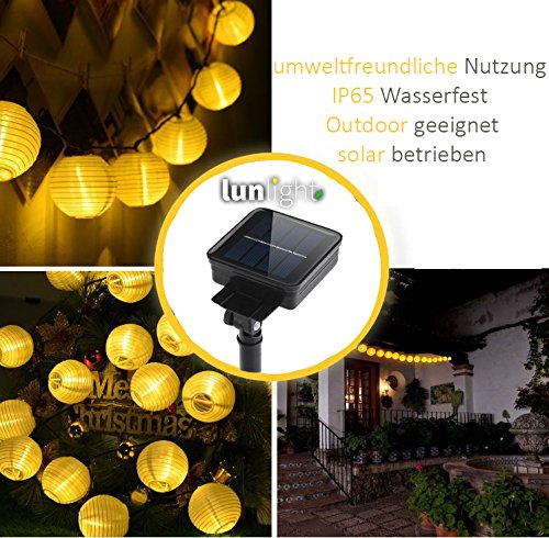 Solar Lichterkette 30 LEDs 6 Meter Solarbetrieben Lampions Laterne Lichterkette Wasserfest Weihnachten Dekoration für Garten, Terrasse, Penthouse Haus, Outdoor, Party, Hochzeit, Hof, Feiern – Warmweiß Lunlight [Energieklasse A+++] - 5