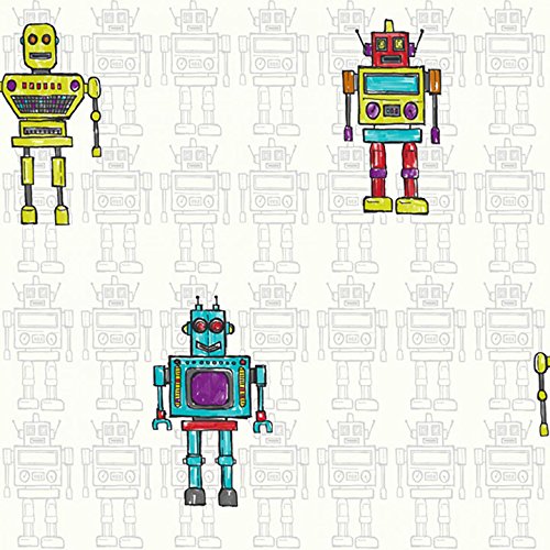 Kindertapete im Roboter Design Türkis, Gelb, Grün , schöne tolle Tapete für Jungen und Mädchen , Deco Technik inklusive Newroom Tapezier Ratgeber mit Tipps für perfekte Wände - 3