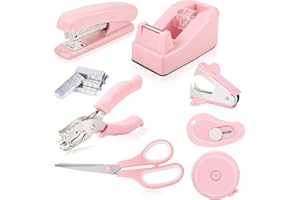 GTOTd Pink Desk Accessories Kit Includes Desktop Stapler, Tape Dispenser, Stapler Remover, Tape Measure, Single Hole Punch, Mini Box Cutter, Stainless Steel Scissors and 1000pcs 24/6 Staples