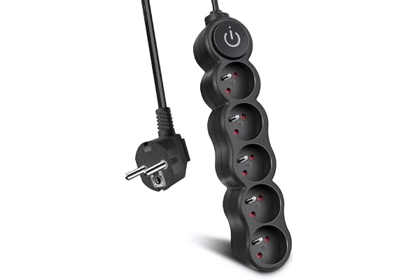 EXTRASTAR Bloc Multiprises 5 Prises avec Interrupteur, Rallonge 3 m 250 V avec sécurité Enfant, Noir