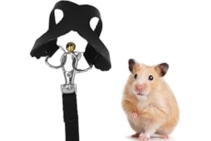 ZJCHAO Pet Hamster Harness, Leash Set for Small Pets, Soft Artificial Leather Walking Harness with Bells, Easy to Wear Vest and Rope for Outdoor Walking (Black)