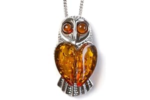 HENRYKA Classic Baltic Cognac Amber and Silver Barn Owl Pendant on a 16.5" Silver Chain