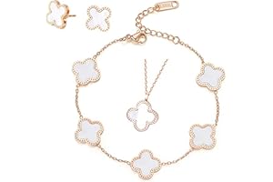 Lilingyu Four-Leaf Clover Jewellery Set，Women Titanium Steel Necklace Stud Earrings Bracelet Set Enamel Necklaces for Women Four-Leaf Clover Pendant Necklace
