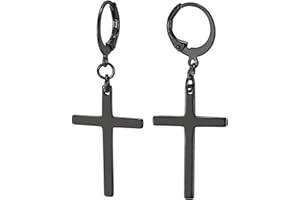 COOLSTEELANDBEYOND 2 Pendientes del Aro con Largo Colgantes Cruz, Pendientes para Hombres Mujer, Acero Inoxidable