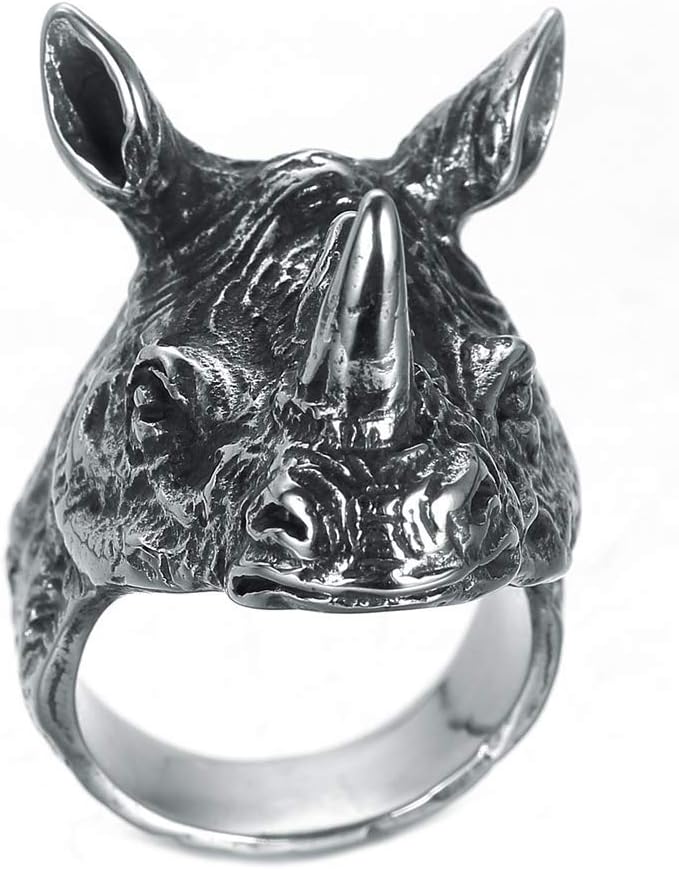 PAURO Men's Stainless Steel Rhinoceros Head Ring Silver Black