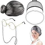 Emageren Old Lady Costume, Grandma Cosplay, Accessory Set, Grandma Wig, Cap, Grandma Glasses, Chain Bracelet, Pearl Chain, Ol