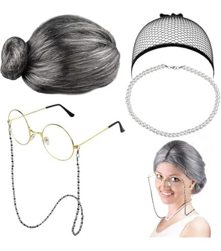 9 stuks oma-kostuum dames set rollator opblaasbare wandelstok oma pruik grijs haarnetje bril met ketting parelsieraden gepensioneerd kostuum cosplay accessoires Halloween carnaval verjaardagsfeest