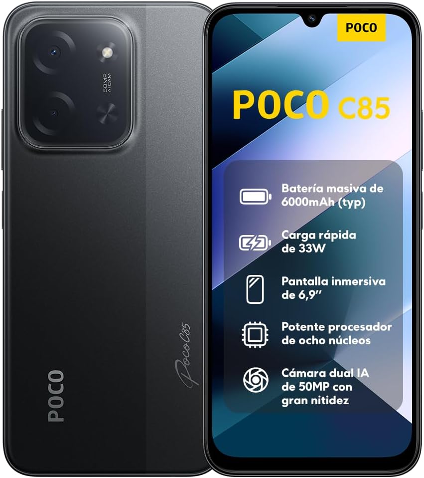XIAOMI POCO C85 - Smartphone de 8+256GB, Cámara Dual de 50MP con AI, Pantalla inmersiva de 6,9”, Potente procesador Octa-Core, Carga rápida de 33W, 6000mAh, Cargador no Incluido, Negro (Versión ES)