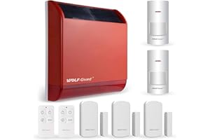WOLF GUARD Wolf-Guard - Alarma de Sirena Solar inalámbrica (110 dB),Alarma doméstica inalámbrica con 2 sensores de Movimiento, 3 sensores de Puerta y 2 mandos a Distancia.