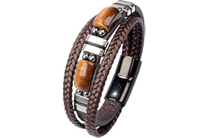 JENCVNL Herren Lederarmband, Tigerauge Lederarmband Herren Tigerauge Mehrlagiges Geflochtenes Leder Armband mit Magnetverschluss für Männer Jungen