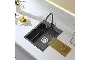 ROVOGO Spülbecken Klein Schwarz, 50 x 40 cm Spüle Küche mit Ablaufgarnitur inkl. Siebkorbventil und Abtropf-Überlauf, Einbauspüle mit hahnloch für Armatur, Küchenspüle 1 Becken Rechteckig
